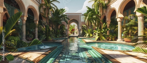 A wide banner showcasing the lush landscaping design of an Arabian palace garden, featuring arcade arcs and a captivating pool water feature, perfect for a getaway destination © Ahmed