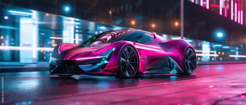 Create a wide banner highlighting a futuristic electric sports car with advanced battery packs, showcasing factory production and prototype concepts with room for additional text Create a wide banner highlighting a futuristic electric sports car with advanced battery packs, showcasing factory production and prototype concepts with room for additional text