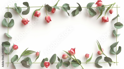 Wallpaper Mural A rectangular frame with tulips and eucalyptus, space for text, 3D illustration,  isolated on white  Torontodigital.ca