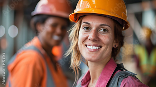 Female construction worker smiling on jobsite. Wearing hard hat ensuring workplace safety