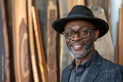 African American woodworker in his workshop, Man in black hat and glasses, cheerful smile, stands before wooden art pieces, exudes artistic flair and sophistication.