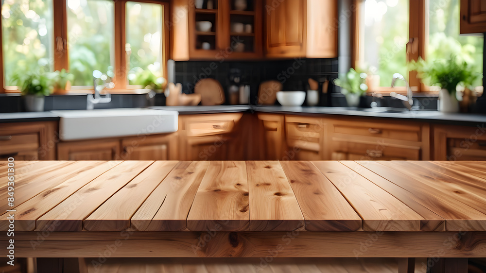 Wooden table on blurred kitchen bench background. Empty wooden table and blurred kitchen background Wooden table on blurred kitchen bench background. Empty wooden table and blurred kitchen background