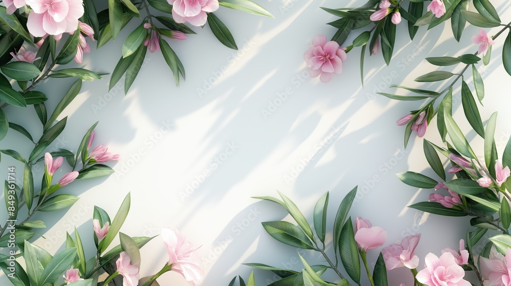 Obraz premium A rectangular frame with oleanders and eucalyptus, space for text, 3D illustration, isolated on white background