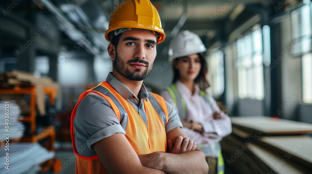 Construction Workers in Safety Gear. Industrial Site Construction Workers in Safety Gear. Industrial Site