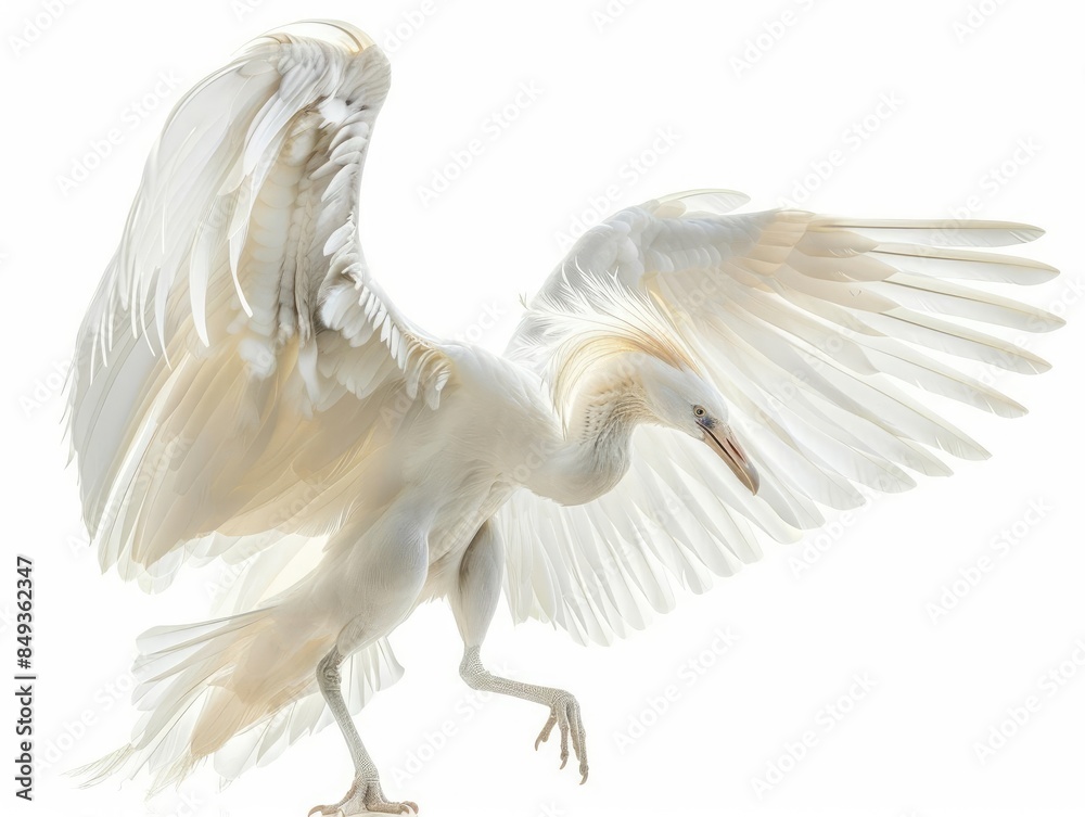 Obraz premium Graceful white bird with spread wings in mid-flight, showcasing beautiful feathers against a white background.