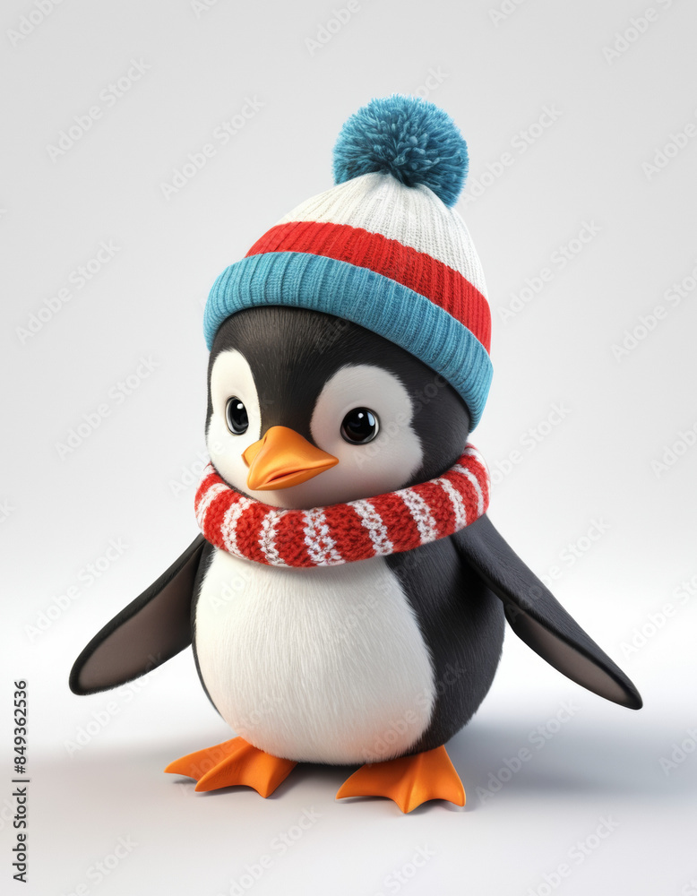 Fototapeta premium A 3D cartoon penguin with a small hat and scarf on a white background.