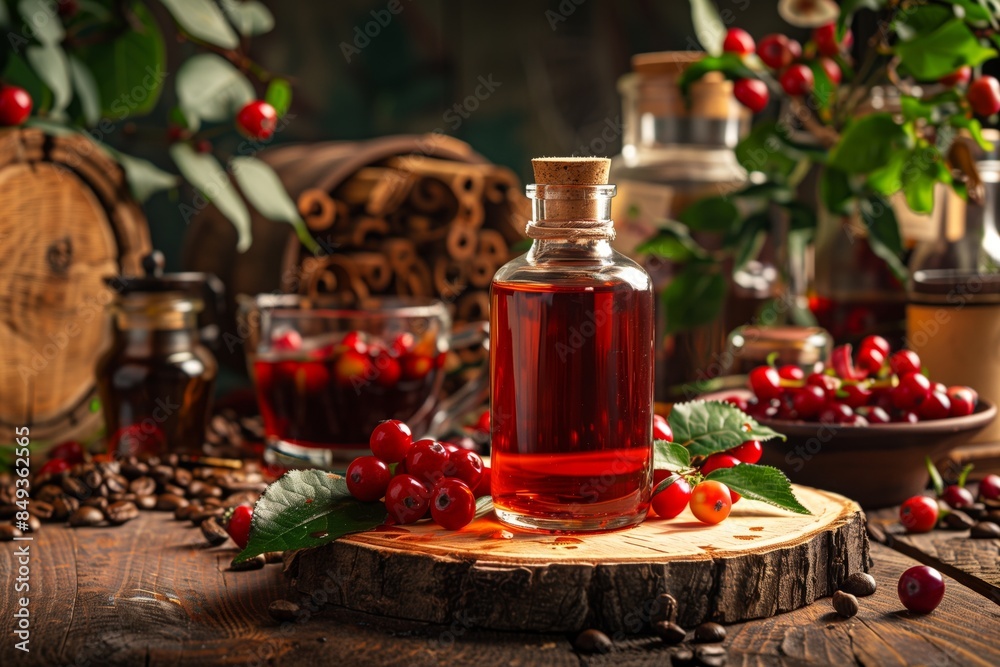 rosehip tincture in a glass bottle