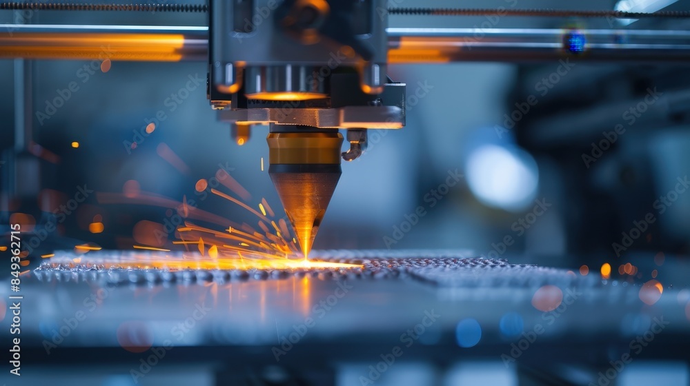 Fototapeta premium Precision in Progress: 3D Printer Building Intricate Design with Glowing Lights