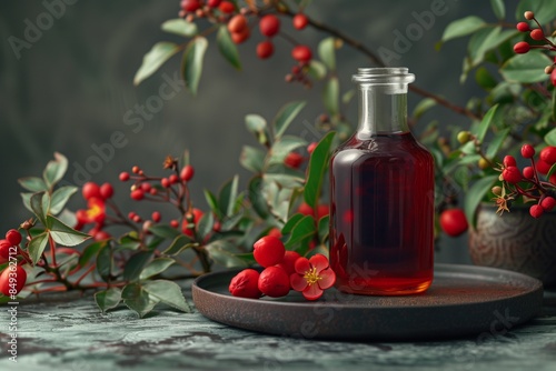 rosehip tincture in a glass bottle