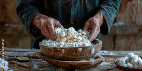 Closeup male hands working with freshly harvested cotton wool photo