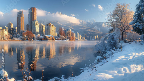 Snow-covered city during sunrise, with buildings and mountains reflected in a calm river, evoking a tranquil winter atmosphere, Generative AI