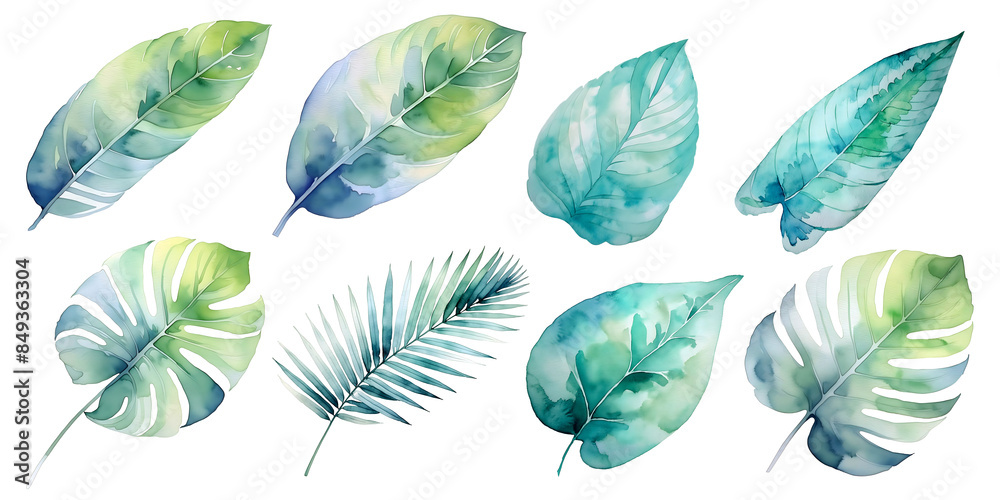 Obraz premium PNG files with various leaves and transparent backgrounds expressed in watercolors