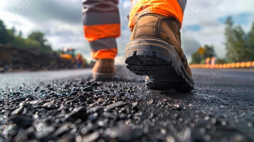 A seasoned road construction engineer,firmly secured, meticulously inspects the progress of expressway construction site, carefully traversing the terrain on foot to assess the quality and adherence  © Sittipol 