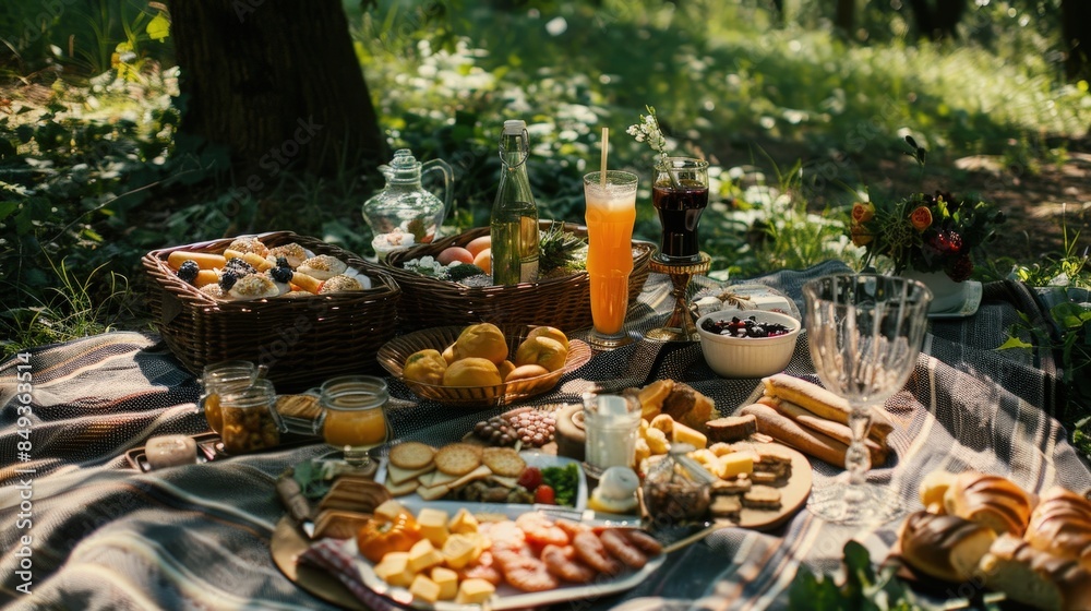 A Perfect Picnic Spread in a Lush Park - Delightful Snacks and Drinks for an Outdoor Meal A Perfect Picnic Spread in a Lush Park - Delightful Snacks and Drinks for an Outdoor Meal
