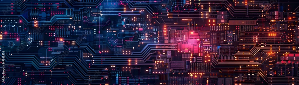 Fototapeta premium Abstract digital technology background with glowing circuit board patterns and colored lights, representing modern tech and data concepts.