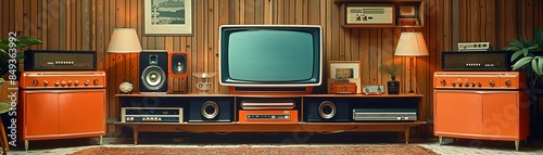 70s retro home interior. A living room with wood paneled walls, a vintage television, stereo system, and other retro details.