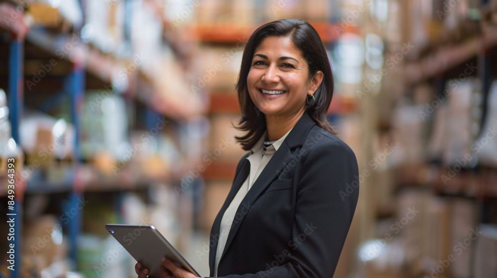 Organized warehouse worker smiles while holding a tablet Organized warehouse worker smiles while holding a tablet