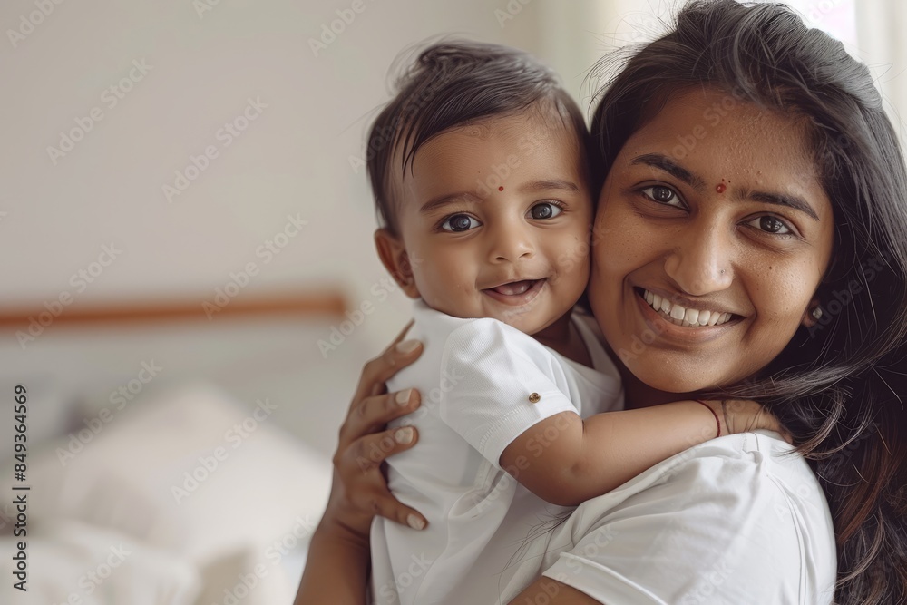 A blissfully smiling Indian mother cradles a baby boy in a white T-shirt, grey top and jeans at home. White background, white walls A blissfully smiling Indian mother cradles a baby boy in a white T-shirt, grey top and jeans at home. White background, white walls