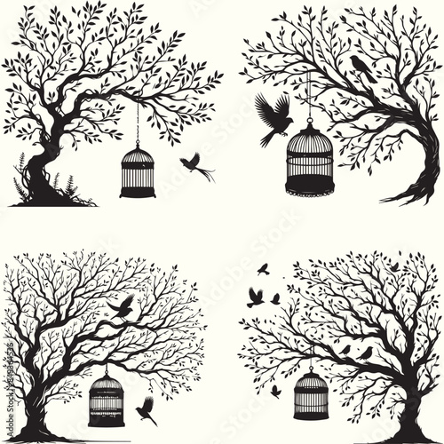 Set of Tree Branches with Bird Cage and bird silhouette vector illustration.
