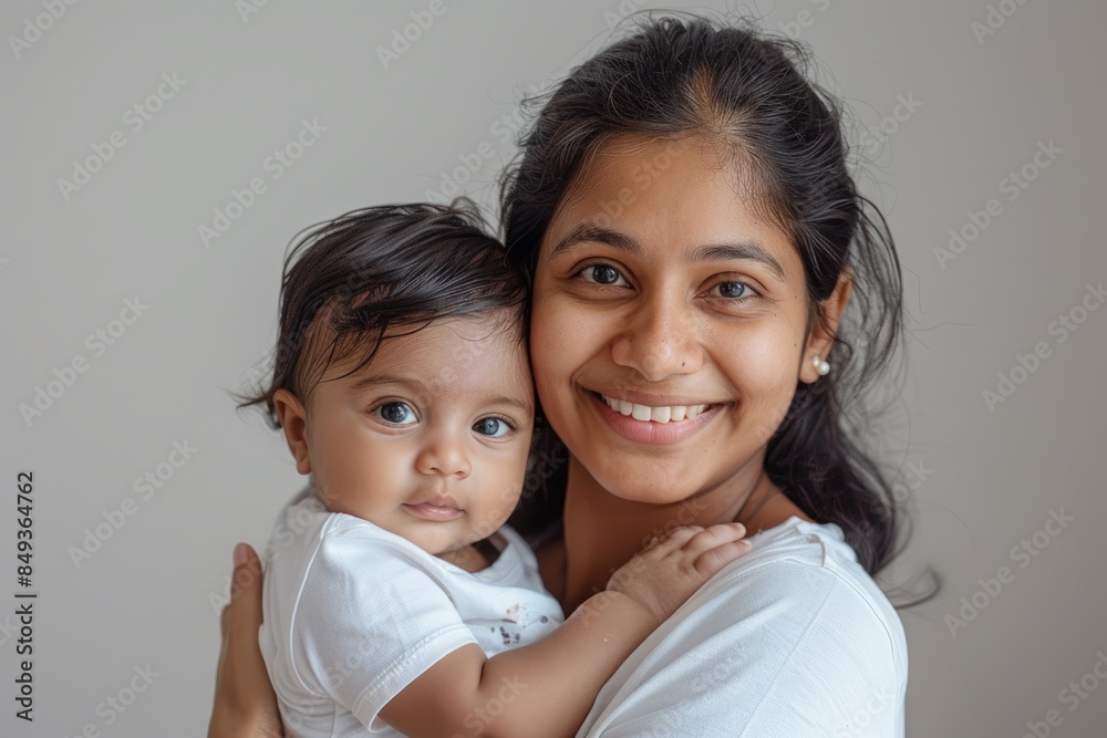 A blissfully smiling Indian mother cradles a baby boy in a white T-shirt, grey top and jeans at home. White background, white walls A blissfully smiling Indian mother cradles a baby boy in a white T-shirt, grey top and jeans at home. White background, white walls