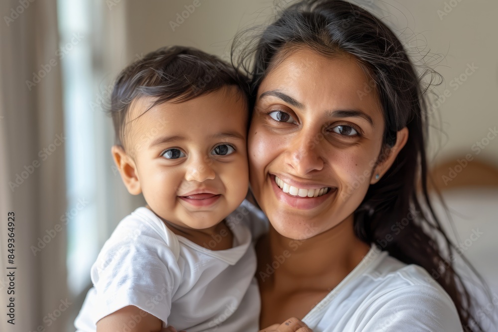 A blissfully smiling Indian mother cradles a baby boy in a white T-shirt, grey top and jeans at home. White background, white walls A blissfully smiling Indian mother cradles a baby boy in a white T-shirt, grey top and jeans at home. White background, white walls
