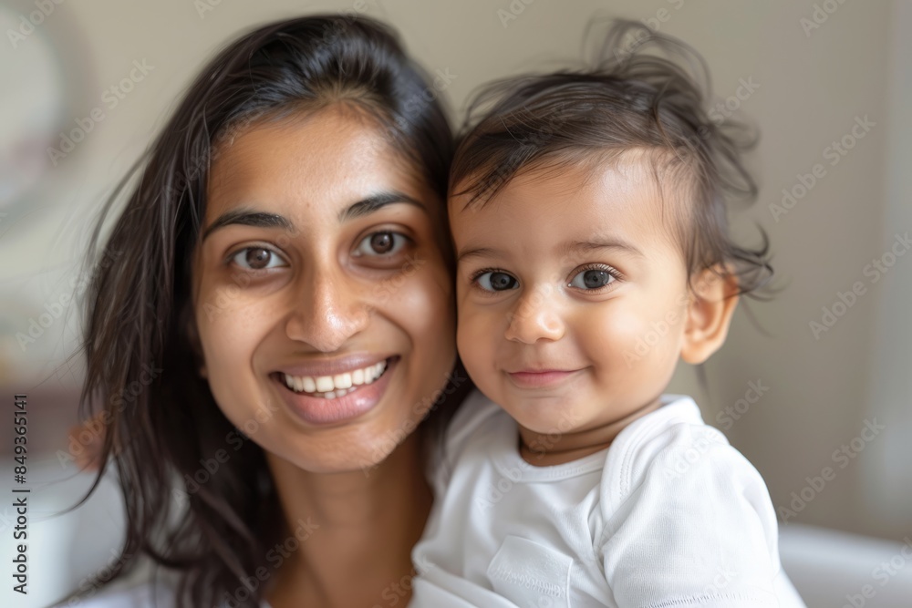 A blissfully smiling Indian mother cradles a baby boy in a white T-shirt, grey top and jeans at home. White background, white walls A blissfully smiling Indian mother cradles a baby boy in a white T-shirt, grey top and jeans at home. White background, white walls
