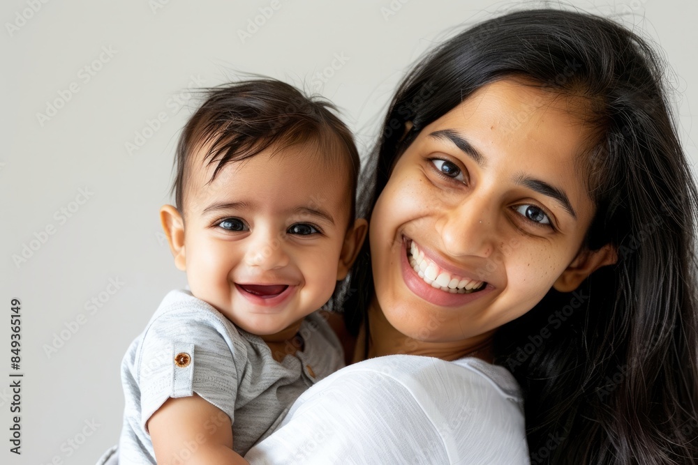 A blissfully smiling Indian mother cradles a baby boy in a white T-shirt, grey top and jeans at home. White background, white walls A blissfully smiling Indian mother cradles a baby boy in a white T-shirt, grey top and jeans at home. White background, white walls