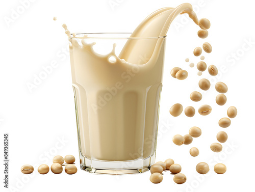 Refreshing soy milk splashing into a glass with soybeans around. Perfect for health, vegan, and dairy-free beverage concepts.