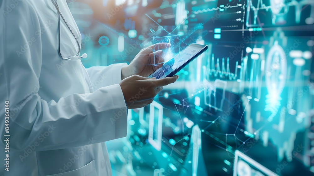 Medicine doctor touching icons on a digital tablet and hologram modern virtual screen interface, emphasizing medical technology and futuristic concepts. Medicine doctor touching icons on a digital tablet and hologram modern virtual screen interface, emphasizing medical technology and futuristic concepts.