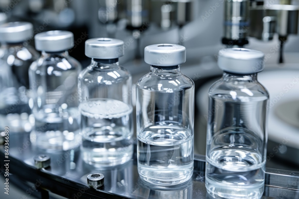 Close-up of sterile vials in pharmaceutical production line Close-up of sterile vials in pharmaceutical production line
