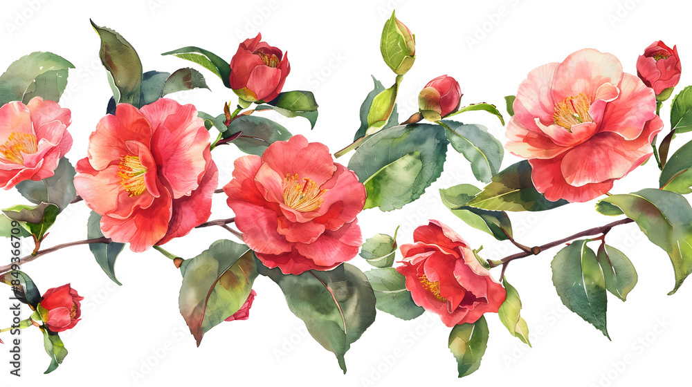 Watercolor painting of red flowers with green leaves on white background, suitable for invitations, decor, and design projects.