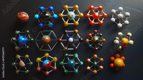A collection of colorful molecular structures displayed on a dark surface, showcasing various geometric arrangements and chemical models. photo