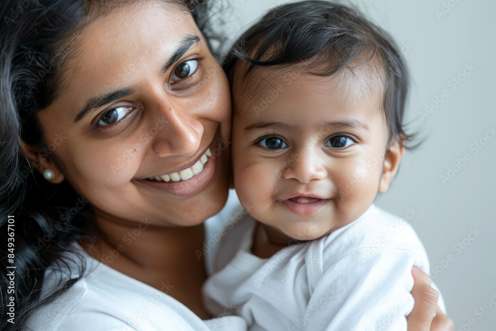 A blissfully smiling Indian mother cradles a baby boy in a white T-shirt, grey top and jeans at home. White background, white walls A blissfully smiling Indian mother cradles a baby boy in a white T-shirt, grey top and jeans at home. White background, white walls