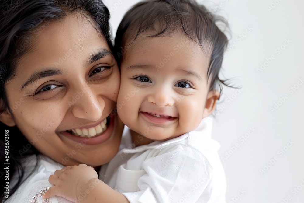 A blissfully smiling Indian mother cradles a baby boy in a white T-shirt, grey top and jeans at home. White background, white walls A blissfully smiling Indian mother cradles a baby boy in a white T-shirt, grey top and jeans at home. White background, white walls