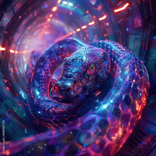 Capture the serpentine movement of a technologically enhanced serpent weaving through neon-lit tunnels, showcasing intricate scales and glowing eyes from a dramatic top-down angle photo