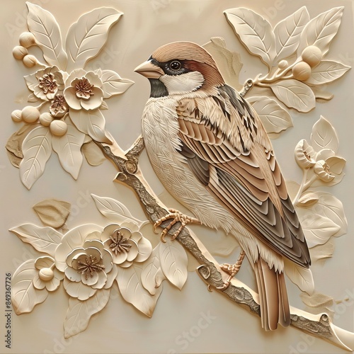 3d sparrow Wallpaper Background golden art for digital printing wallpaper, mural, custom design wallpaper. AI generated illustration photo