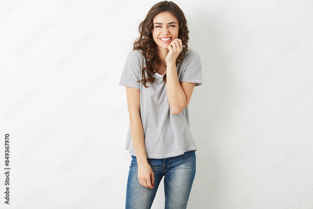beautiful young woman laughing happy, candid smile, positive face expression, cheerful emotion, teenage hipster style, exited, dressed in jeans , t-shirt, isolated on white background, modern fashion beautiful young woman laughing happy, candid smile, positive face expression, cheerful emotion, teenage hipster style, exited, dressed in jeans , t-shirt, isolated on white background, modern fashion