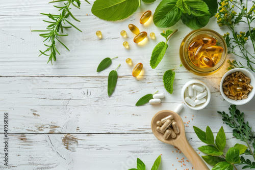 Herbal supplements and capsules with fresh herbs on wooden floor