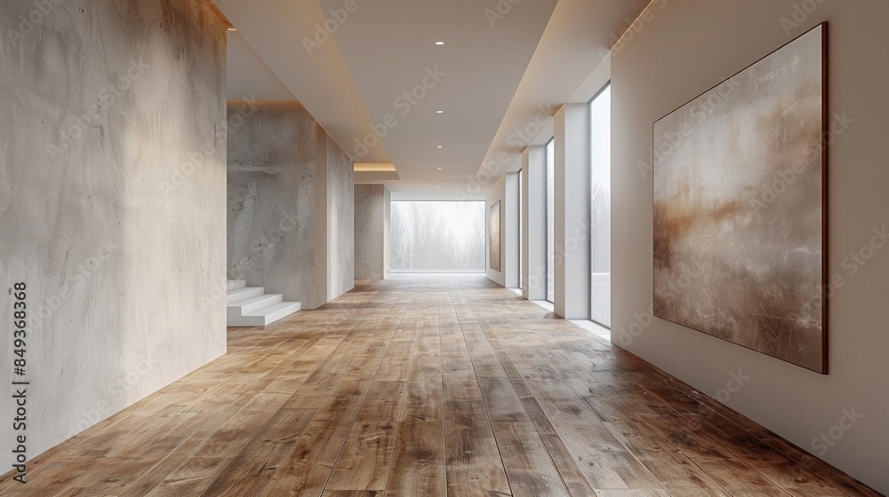 Spacious corridor with a contemporary design, featuring light wood floors and expansive windows that allow plenty of natural light. Spacious corridor with a contemporary design, featuring light wood floors and expansive windows that allow plenty of natural light.