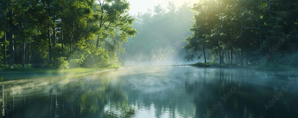 Tranquil forest lake at sunrise with mist rising from the water, 4K hyperrealistic photo Tranquil forest lake at sunrise with mist rising from the water, 4K hyperrealistic photo