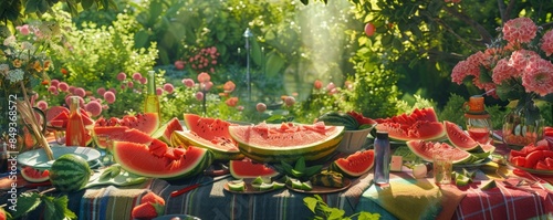 Friends enjoying a summer garden party for National Watermelon Day, August 3rd, refreshing slices of watermelon and fun activities, 4K hyperrealistic photo.