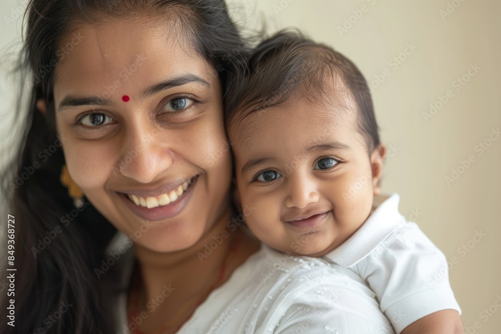 A blissfully smiling Indian mother cradles a baby boy in a white T-shirt, grey top and jeans at home. White background, white walls A blissfully smiling Indian mother cradles a baby boy in a white T-shirt, grey top and jeans at home. White background, white walls