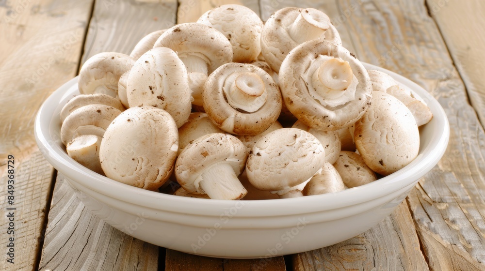 Fresh whole mushrooms in a white bowl on a wooden table Fresh whole mushrooms in a white bowl on a wooden table