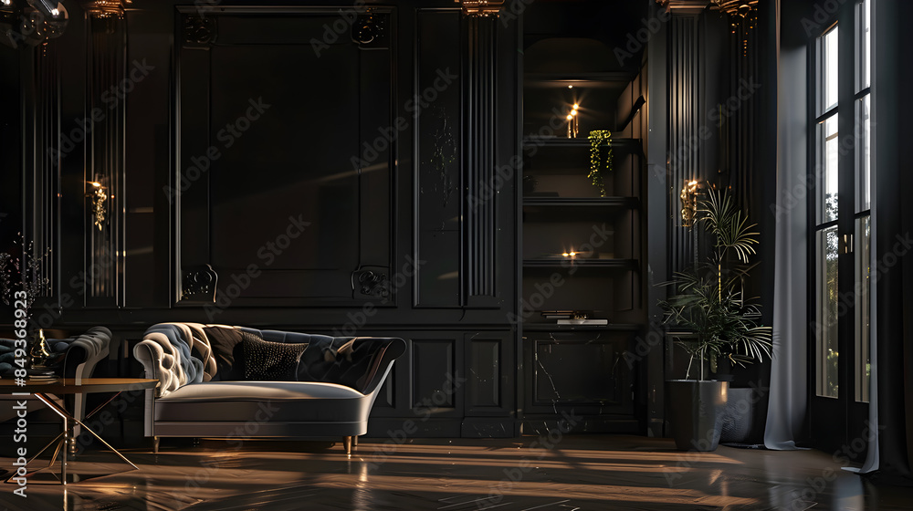 Luxury living room interior design with a dark, sophisticated atmosphere, featuring elegant furniture and high-end decor elements. Copy space included. Luxury living room interior design with a dark, sophisticated atmosphere, featuring elegant furniture and high-end decor elements. Copy space included.