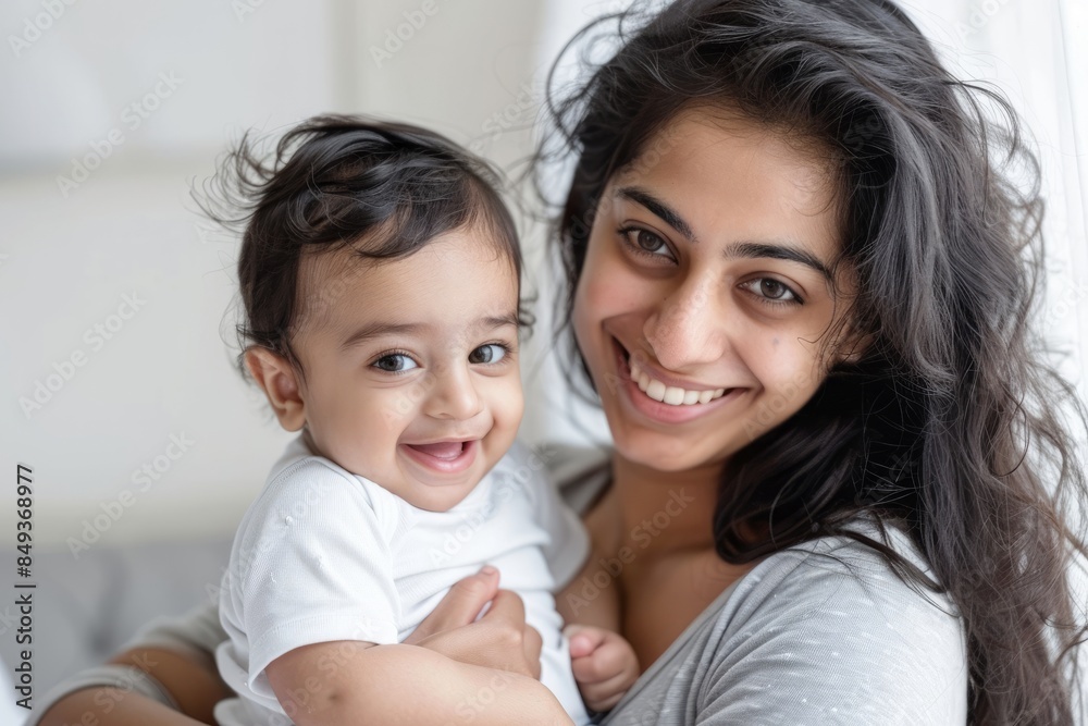 A blissfully smiling Indian mother cradles a baby boy in a white T-shirt, grey top and jeans at home. White background, white walls A blissfully smiling Indian mother cradles a baby boy in a white T-shirt, grey top and jeans at home. White background, white walls