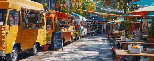 Summer street food festival with diverse cuisines, food trucks and culinary delights, 4K hyperrealistic photo.