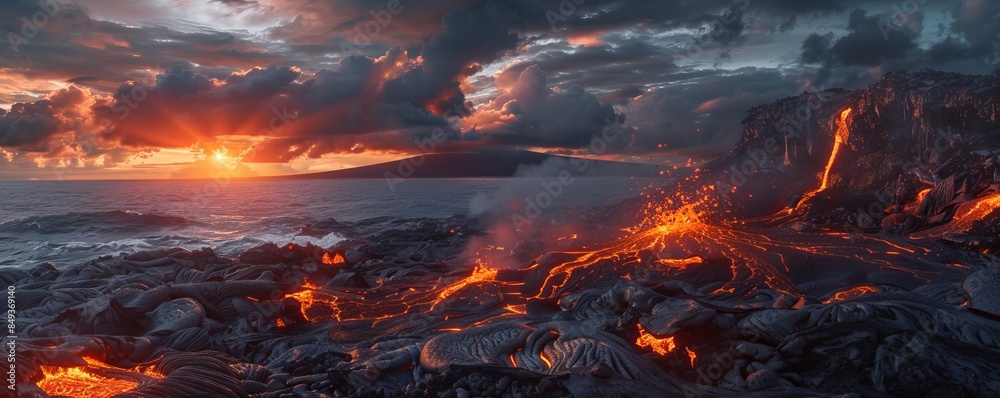 Dramatic sunset over a volcanic coastline with lava flows, 4K hyperrealistic photo Dramatic sunset over a volcanic coastline with lava flows, 4K hyperrealistic photo
