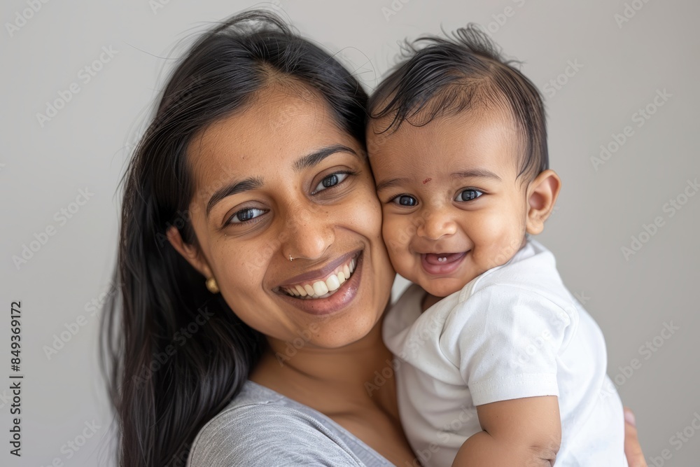 A blissfully smiling Indian mother cradles a baby boy in a white T-shirt, grey top and jeans at home. White background, white walls A blissfully smiling Indian mother cradles a baby boy in a white T-shirt, grey top and jeans at home. White background, white walls