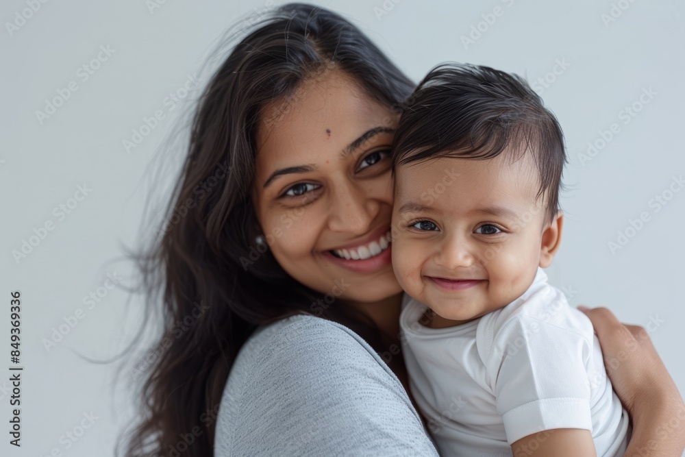 A blissfully smiling Indian mother cradles a baby boy in a white T-shirt, grey top and jeans at home. White background, white walls A blissfully smiling Indian mother cradles a baby boy in a white T-shirt, grey top and jeans at home. White background, white walls