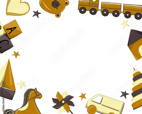 Vintage wooden toys flat vector frame